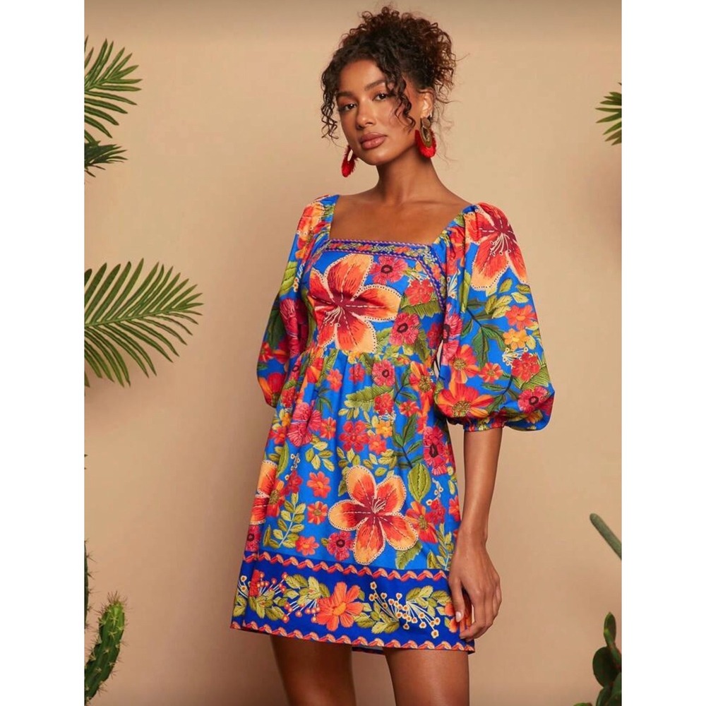 Blue Tropical Floral Smocked‎ Back Puff Sleeve Mini Dress Large - Picture 3 of 10